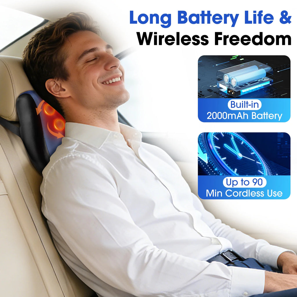 Cordless Portable Back Massager Waist Spine Support Electric Lumbar Cushion Car Office Relaxation 30℃ Red Light Warm Compress